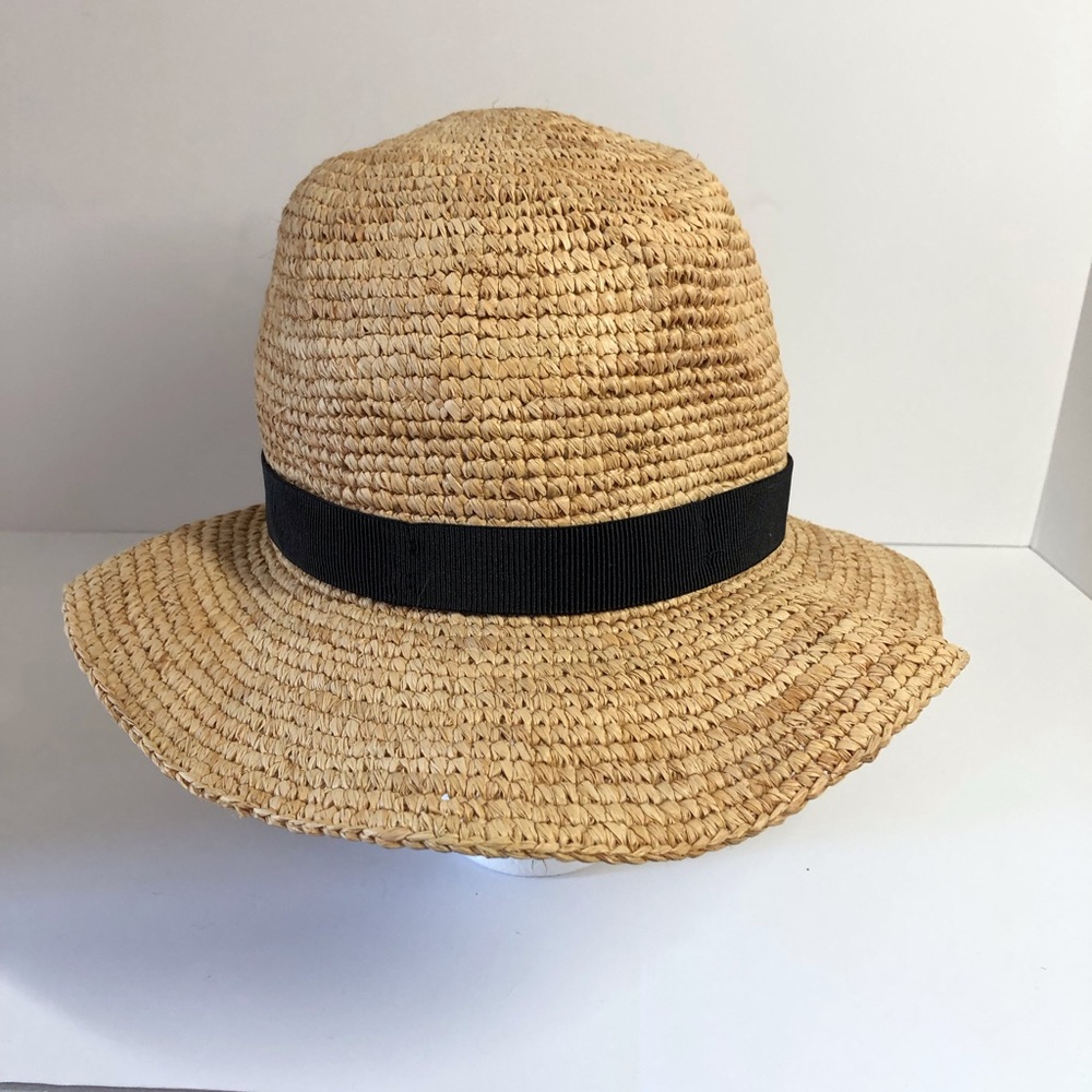 J Crew wide brim straw hat with black ribbon